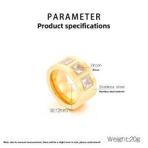 Detailed view of 12mm gold titanium ring with three clear square zircon stones
