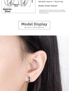 Detail view of 3mm wide silver earrings with black enamel inlay and product dimensions
