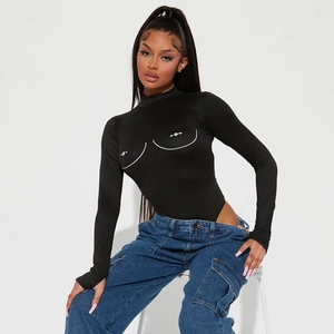 Women Sexy Mock Neck Long Sleeve Bodysuit High Stretch Polyester Creative Line Print Streetwear Slim Fit Top With Thumbholes