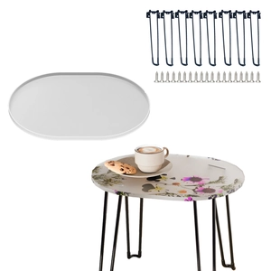 DIY oval side table kit with floral pattern top and black hairpin metal legs