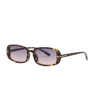 Rectangle tortoise shell sunglasses with purple gradient lenses and gold T logo