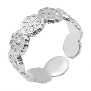 Macro shot of silver-colored daisy floral band with adjustable opening detail