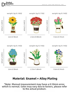Detail view of cartoon enamel flower coffee cup badges with dimensions and weights
