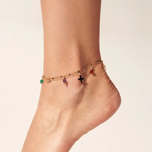 Bracelet De Cheville À Étages Acier Inoxydable Pierres Naturelles Künstliche Perles Colorées Pendentif Croix Trèfle Bijoux Bohème