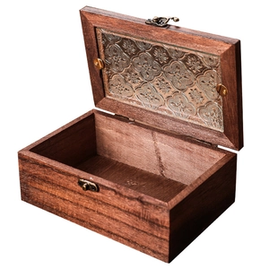 European vintage wooden storage box with embossed glass lid and metal latch
