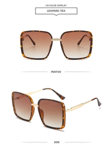 Vistas detalladas frontal y lateral de gafas de sol de leopardo con lentes degradadas