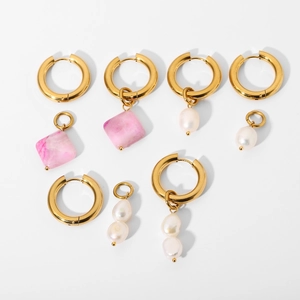 18K gold plated stainless steel hoop earrings set with pink marble and pearl charms