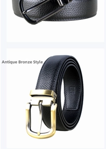 Detail view of men's leather belt with bronze buckle and pebble grain texture