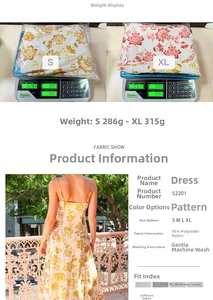 Detail view of floral backless maxi dress showing polyester fabric and size measurements