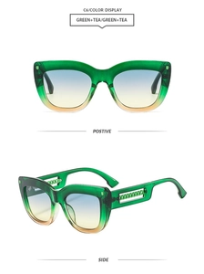 Green square frame sunglasses with gradient lenses and metal chain temple detail