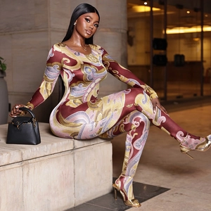 Slim fit long sleeve jumpsuit with vintage burgundy baroque floral print and crew neck