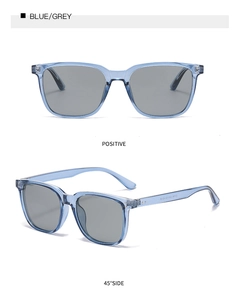 Front and 45-degree views of square blue frame sunglasses with grey lenses and rivets