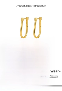 Detailed view showing S925 silver hallmark and dimensions for gold U-shaped earrings