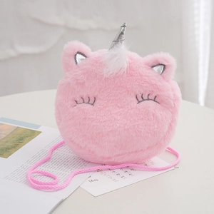 Cute pink plush unicorn shoulder bag for kids with silver horn and soft faux fur texture