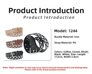 Detailed chart showing PU leather star rivet belt specifications and color options