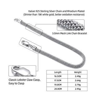 Authentic S925 sterling silver 3mm mesh chain bracelet with lobster clasp for women