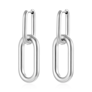 Polished silver stainless steel oval U-shaped link earrings in minimalist double ring design