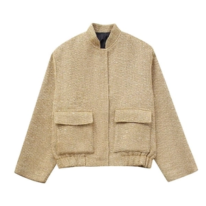 Chic women's gold tweed cropped jacket with stand collar and large flap pockets