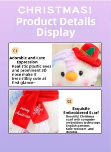 Detail of plush Christmas penguin with striped faux fur and red embroidered Merry Christmas scarf