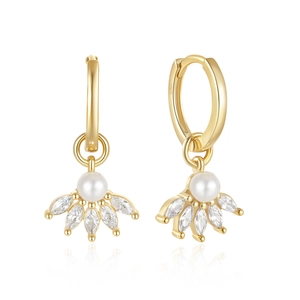 S925 silver gold hoop earrings with marquise zircon and fan-shaped pearl pendant