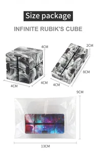 Size specifications for the infinite cube toy showing compact and expanded dimensions