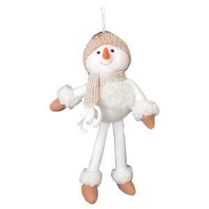 Knitted plush snowman ornament with beige hat and scarf for Christmas tree decoration