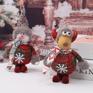 Christmas plush ornaments with snowman and reindeer characters in red and grey fabric