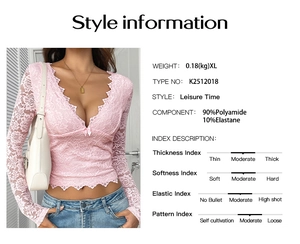 Detailed size and material chart for pink lace Y2K V-neck long sleeve top for women