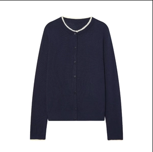 Slim fit navy blue knit cardigan with white lace collar and button front detail