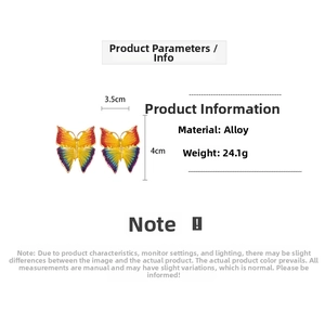 Macro shot of colorful butterfly earrings showing dimensions of 3.5cm by 4cm in alloy material