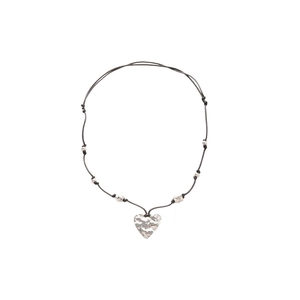 Minimalist heart pendant necklace with black wax rope and silver hammered finish heart charm