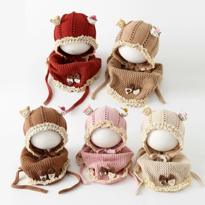 Combinación Gorro De Punto Y Bufanda Para Bebé Lindo Encaje Oso Decoración Invierno Cálido A Prueba De Viento Para Bebés 0-12 Meses