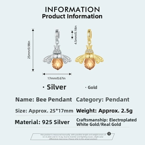 Detailed dimensions of S925 silver bee pendant with cubic zirconia and amber crystals