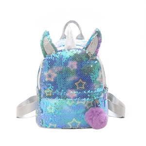 Sequin unicorn backpack for girls with blue green gradient glitter and purple fur ball
