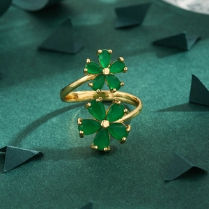 Light Luxury Gold Plated Copper Green Zirconia Flower Open Ring For Women Elegant Summer Floral Design Adjustable Fashion Jewelry Gift