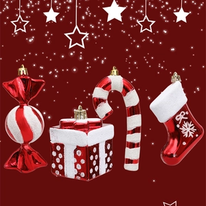 Christmas ornaments set featuring red and white candy cane, boot, and gift box designs