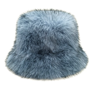 Close-up of the plush faux fur texture on this dusty blue winter bucket hat for women