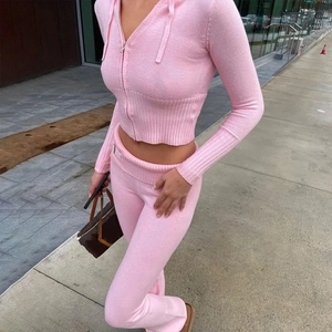 Women Ribbed Knit Hooded Zip Up Cropped Cardigan And High Waist Flared Long Pants Casual Streetwear