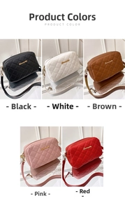 Close-up of quilted PU leather flap bags in black, white, brown, pink, and red options