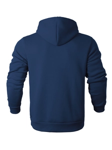 Back view of a navy blue drawstring hoodie featuring ribbed cuffs and a clean sporty silhouette