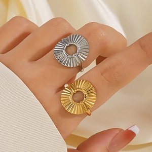 Sunburst Texture Hollow Round Ring Stainless Steel 18K Gold Plated Minimalist Geometric Adjustable Jewelry For Women