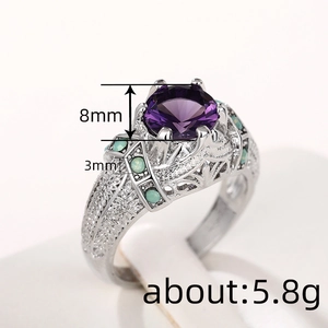 Vintage Silberring mit 8mm runder violetter Edelstein und grüner Emaille