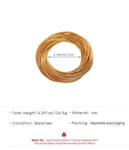 Detailed view of golden iron wire bracelet set with size and weight measurements