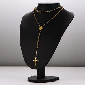 Élégant collier chapelet doré en acier inoxydable 304 avec croix et médaille sur buste