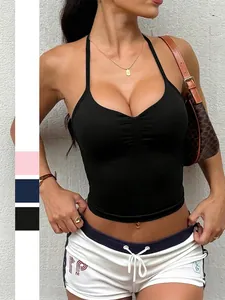 Halterneck Rippstrick Tank Top V Ausschnitt Gepolstert Slim Fit Yoga Weste Casual Sportbekleidung Für Damen