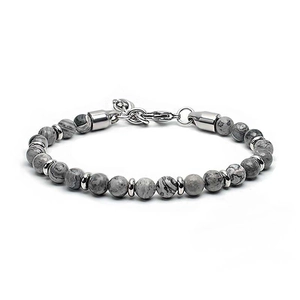 Map stone beaded bracelet with grey marble texture and stainless steel silver clasp