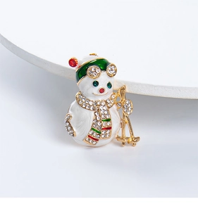 Detailed close-up of a Christmas snowman brooch with colorful enamel and sparkling rhinestones