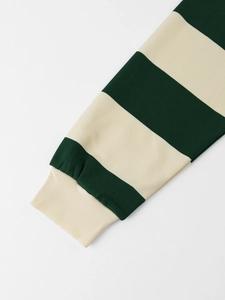 Détail du poignet d'un polo rayé montrant les bords-côtes et la texture du coton