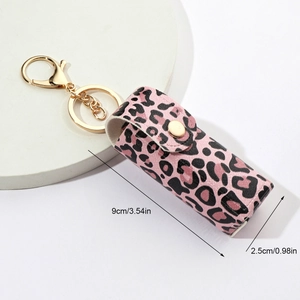 Pink leopard print PU leather lipstick holder keychain with detailed size measurements