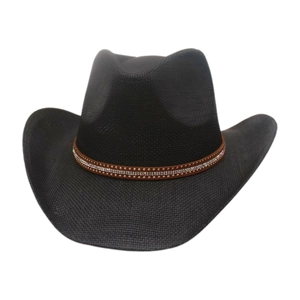Black woven western cowboy hat featuring a brown leather band with rhinestones and metal studs